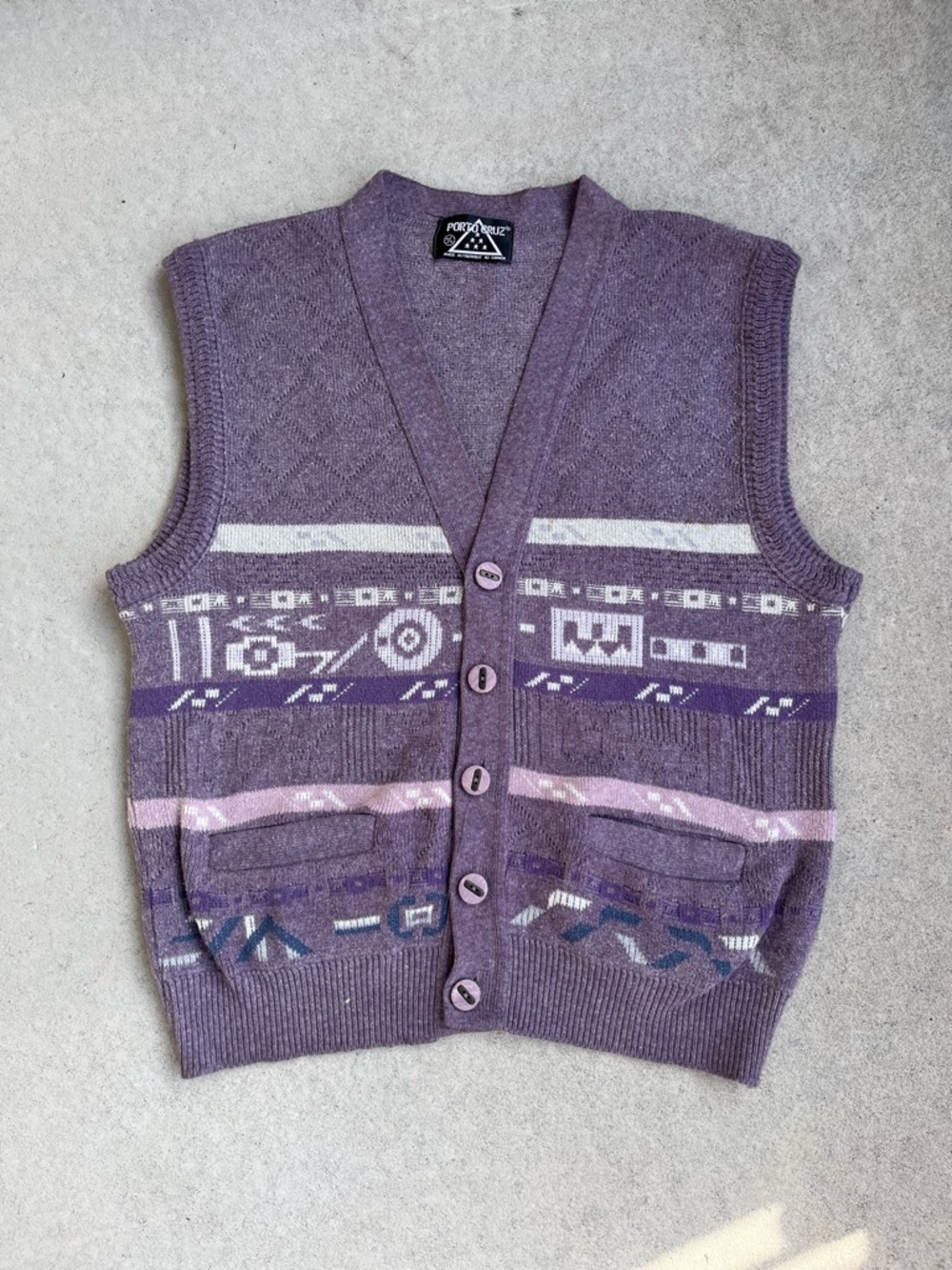Vintage-Inspired Purple Patterned Knit Cardigan Vest